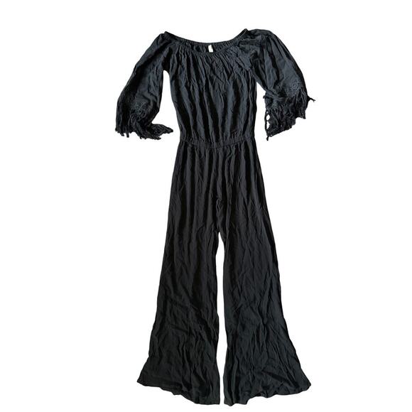 NWT Elan Fringe Beach Black One Piece Off The Shoulder Lightweight Romper Medium - Picture 1 of 5